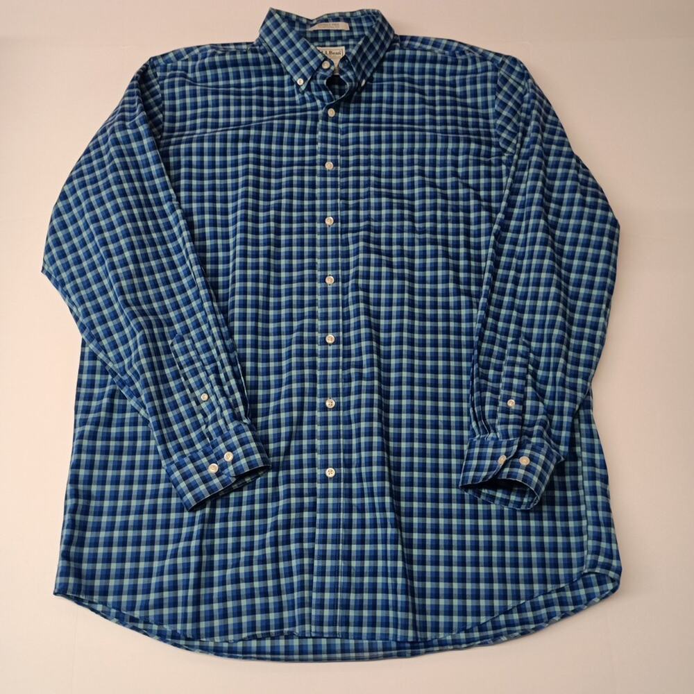 LL Bean Shirt Men XLT Blue Plaid Button Down Traditional Fit
